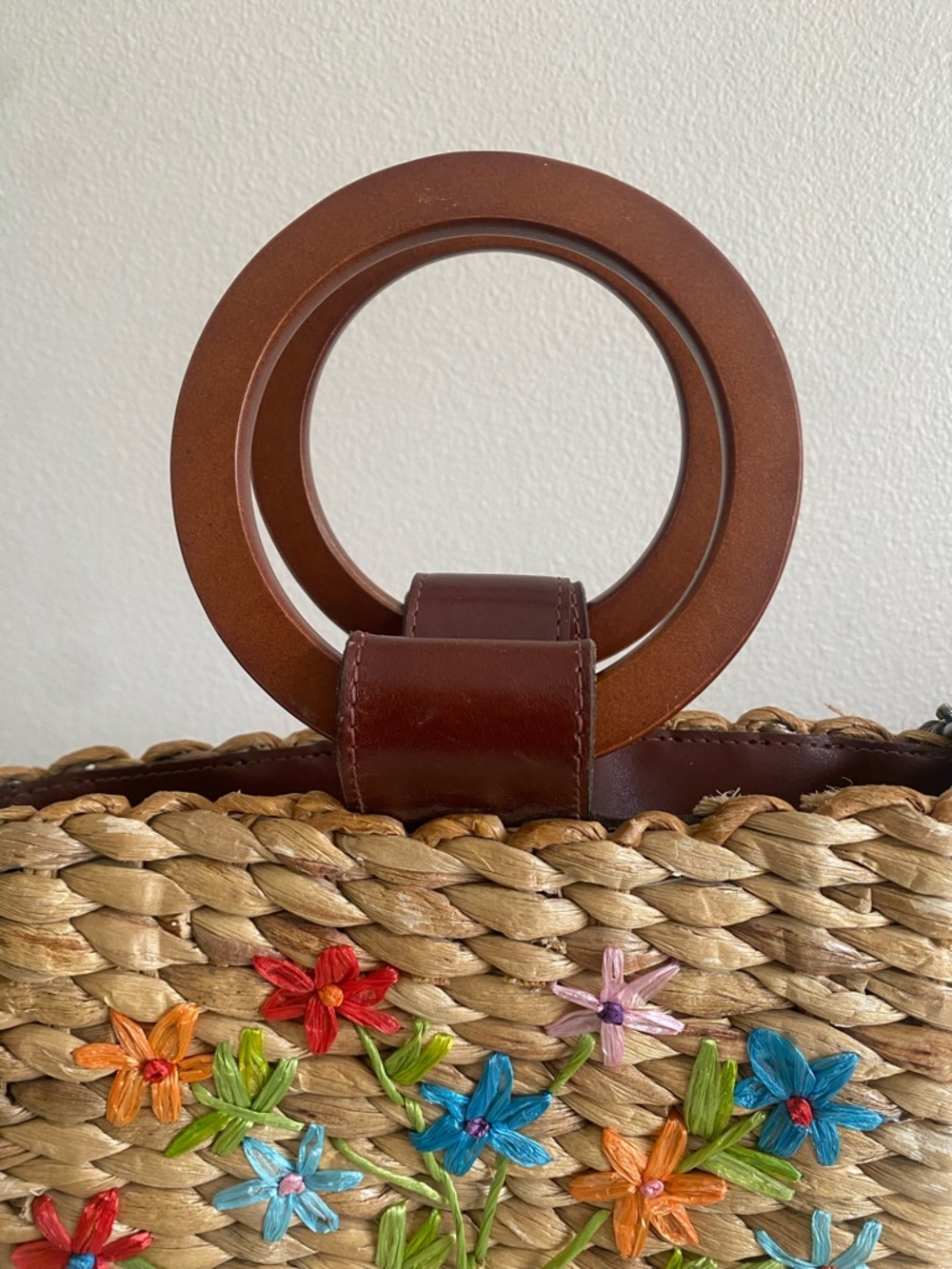 Patricia Nash Woven  Straw Floral Embroidered Crossbody Bag Brown Ring Handles - Picture 2 of 14